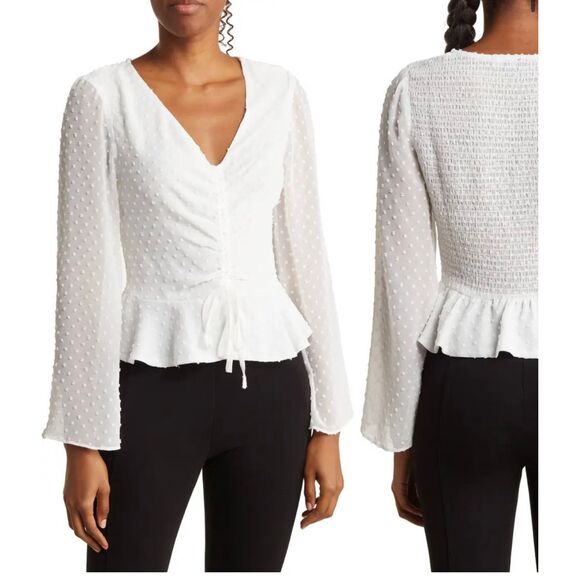 Lucy Paris Tops - Lucy Paris tops |  clip dot v neck cinched front drawstring white peplum top dra
